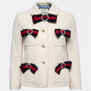 Pre Owned Gucci Cream Bow Detail Tweed Cropped Jacket S