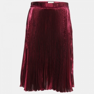 Pre Owned Gucci Magenta Pink Lame Silk Pleated Midi Skirt M