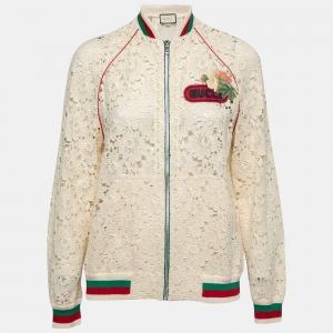 Pre Owned Gucci Cream Floral Lace Web Stripe Rib Knit Trimmed Zip Front Jacket S