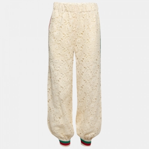 Pre Owned Gucci Cream Lace Web Stripe Rib Knit Trimmed Joggers S
