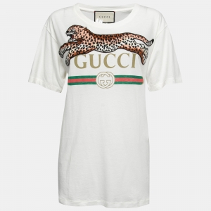 Gucci White Logo Printed Cotton Short Sleeve Oversized T-Shirt XS