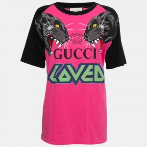 Pre Owned Gucci Pink Loved Panther Graphic Print Cotton T-Shirt S