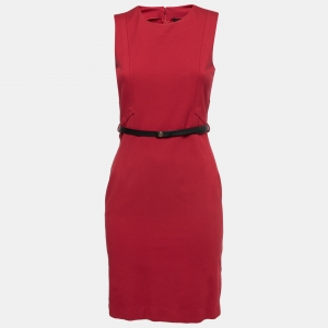 Gucci Red Stretch Knit Belted Bodycon Midi Dress M