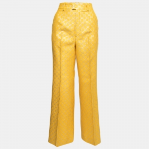 Pre Owned Gucci Yellow & Metallic Gold GG Jacquard Trousers S