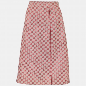 Pre Owned Gucci Ivory & Red Logo Jacquard Midi Skirt M