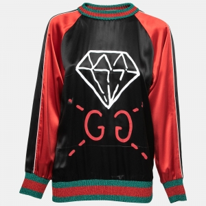 Pre Owned Gucci Black Silk Logo Printed Rib-Trim Detail Sweatshirt L