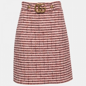 Pre Owned Gucci Red/Black Tweed Logo Buckle Detail A-Line Skirt S