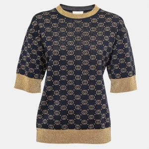 Pre Owned Gucci Navy Blue GG Patterned Lurex Knit Crew Neck Half Sleeve Top S