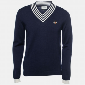 Gucci Navy Blue Wool Knit Bee Appliqued V-Neck Sweater S