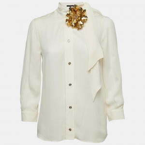 Gucci Cream Silk Floral Appliqued Button Front Shirt Blouse M