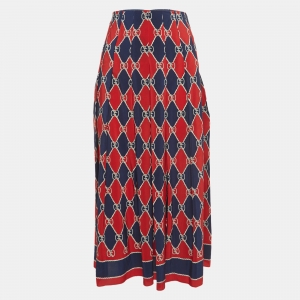 Gucci Navy Blue/Red GG Print Silk Paneled Midi Skirt S