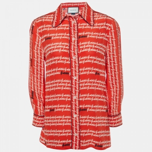 Gucci Coral Red Signature Logo Print Silk Button Front Shirt S