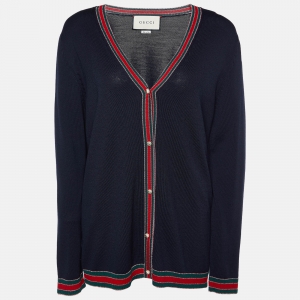 Pre Owned Gucci Navy Blue Wool Knit Web Trimmed Button Front Cardigan XXL