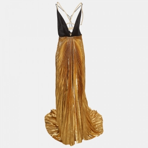 Gucci Metallic Gold Satin Silk and Lame Plisse With Harness Gown S