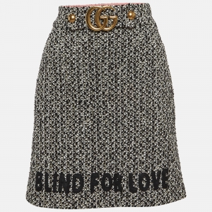 Pre Owned Gucci Black 'Blind For Love' Embroidered Tweed Buckle Detail Mini Skirt M