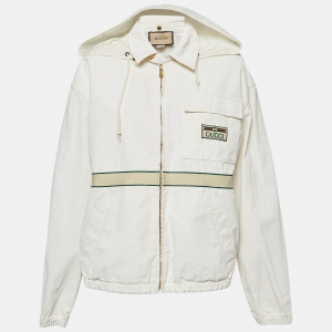 Gucci Cream Cotton Web Accent Zip Front Hooded Windbreaker Jacket L