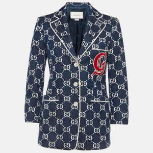Pre Owned Gucci Navy Blue GG Jacquard Applique Detail Jersey Jacket S