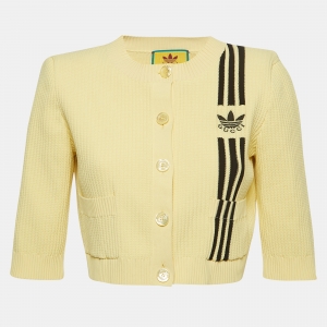Pre Owned Gucci X Adidas Yellow Rib Knit Buttoned Crop Cardigan S