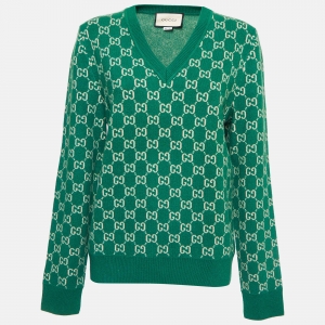Pre Owned Gucci Green GG Web Intarsia Wool V-Neck Sweater S