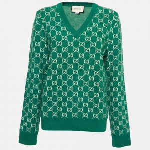 Gucci Green GG Web Intarsia Wool V-Neck Sweater S