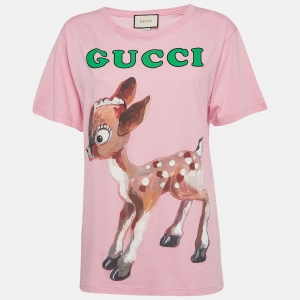 Pre Owned Gucci Pink Deer and Floral Print Cotton T-Shirt XS