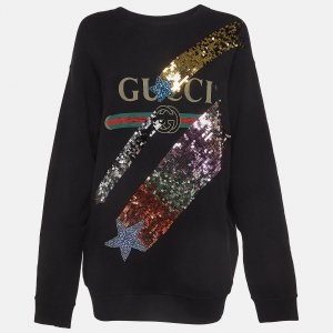 Pre Owned Gucci Black Logo Print Cotton Star Sequin Embellished Sweatshirt M