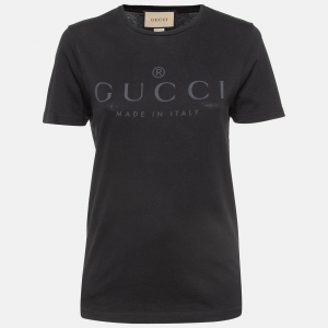 Pre Owned Gucci Black Logo Print Cotton T-Shirt XS