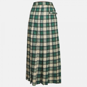 Gucci Green Tartan Check Wool Twill Pleated Maxi Skirt L