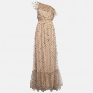 Gucci Beige Dot Embroidered Tulle One Shoulder Maxi Dress M