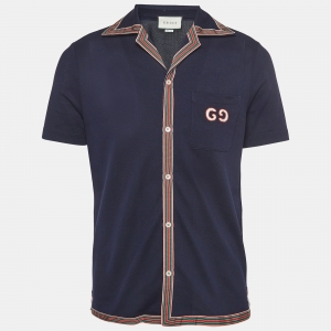 Gucci Navy Blue GG Embroidered Cotton Pique Bowling Shirt XS