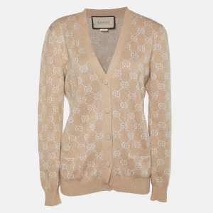 Pre Owned Gucci Beige Lamé GG Jacquard Cardigan L
