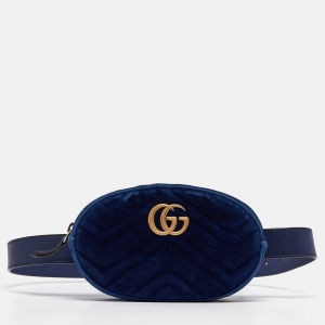 Gucci Navy Blue Matelassé Velvet GG Marmont Belt Bag