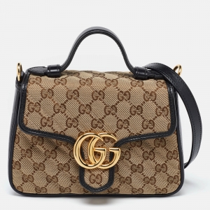 Pre Owned Gucci Black/Beige GG Matelassé Canvas and Leather Mini GG Marmont Top Handle Bag