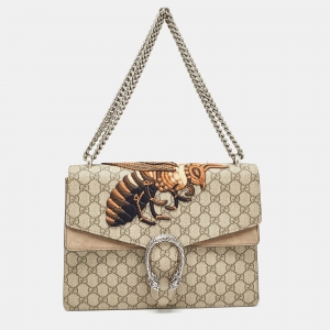 Pre Owned Gucci Beige GG Supreme Canvas and Suede Medium Bee Embroidered Dionysus Shoulder Bag