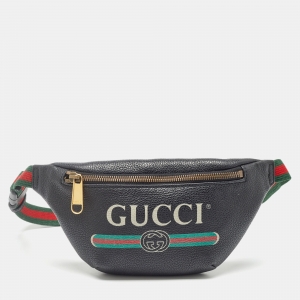 Pre Owned Gucci Black Leather Small Logo Belt Bag