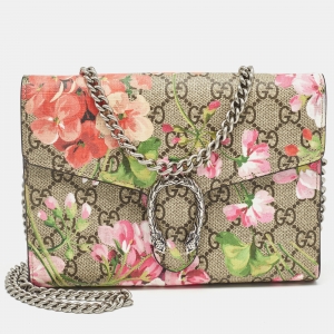 Gucci Pink/Beige GG Supreme Canvas Blooms Dionysus Wallet On Chain