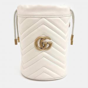 Pre Owned Gucci White Leather Mini Marmont Matelasse Bucket Bag