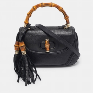 Gucci Black Leather Tassel New Bamboo Top Handle Bag