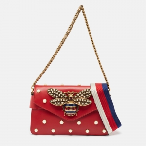 Pre Owned Gucci Red Leather Mini Pearl Queen Margaret Broadway Shoulder Bag