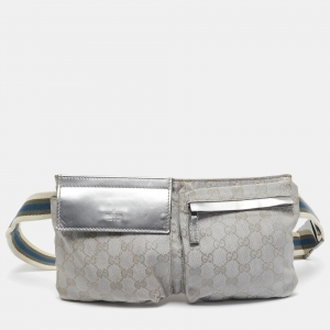 Pre Owned Gucci Silver GG Canvas and Patent Leather Double Pocket Belt Bag