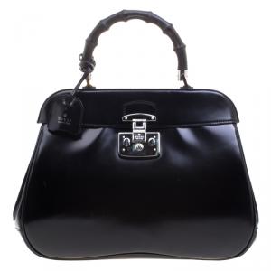 Pre Owned Gucci Black Patent Leather Lady Lock Bamboo Top Handle Bag