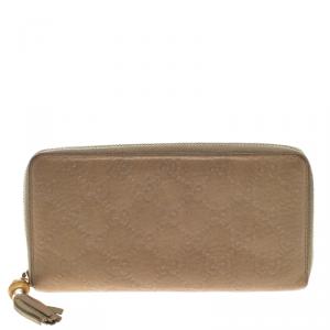 Gucci Beige Guccissima Leather Bamboo Tassel Zip Around Wallet