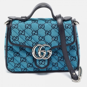 Pre Owned Gucci Blue Diagonal Quilt GG Canvas Leather Mini GG Marmont Bag