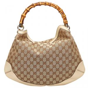 Pre Owned Gucci Beige/Ebony GG Canvas/Leather Peggy Bamboo Top Handle Bag