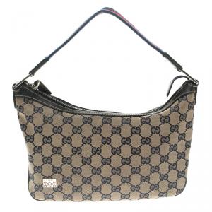 Pre Owned Gucci Beige/Navy Blue GG Canvas Web Shoulder Bag