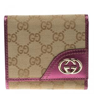 Gucci Beige/Metallic Magenta GG Canvas Britt Compact Wallet