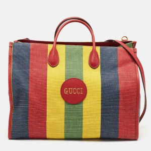 Pre Owned Gucci Multicolor Canvas and Leather Logo Stripe Tote