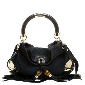 Pre Owned Gucci Black GG Canvas Medium Babouska Indy Top Handle Bag