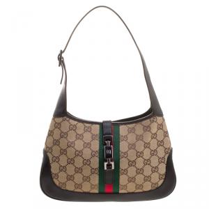 Pre Owned Gucci Beige/Ebony GG Canvas and Leather Small Web Jackie Hobo