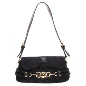 Pre Owned حقيبة كتف غوتشي هورسبيت كانفاس GG سوداء